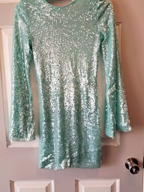 Fashion Nova Mint Green Sequin Long Sleeve Mini Dress